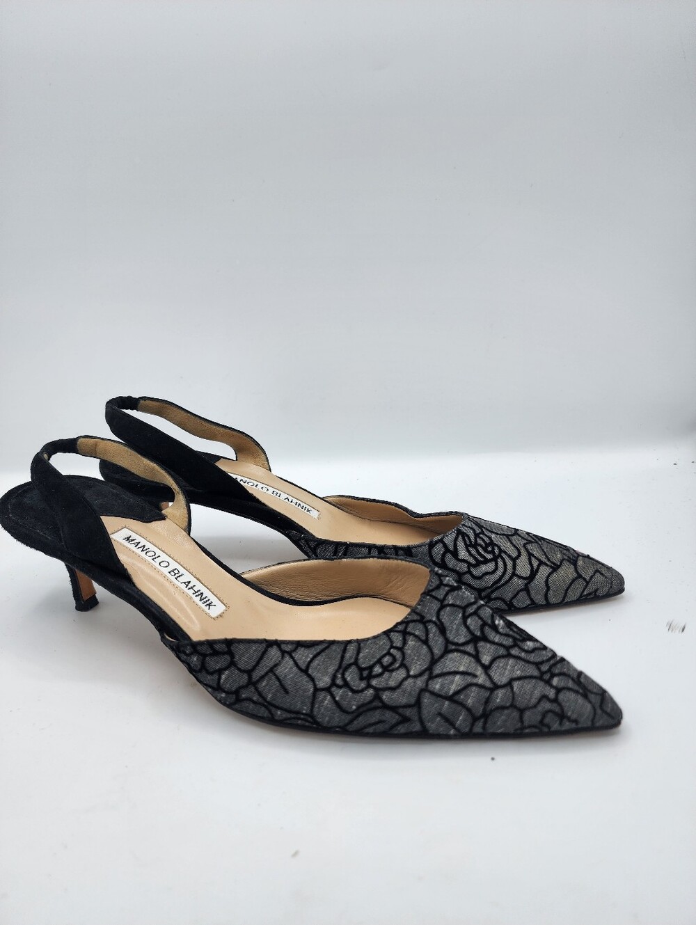 Manolo Blahnik Black Embroidered Slingback Kitten Heels